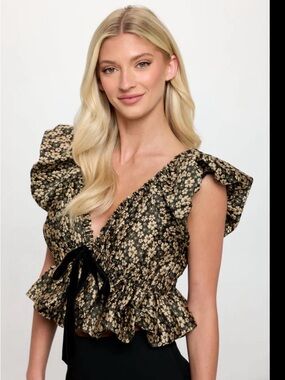 Black Floral Ruffle velvet Tie-Front Blouse
